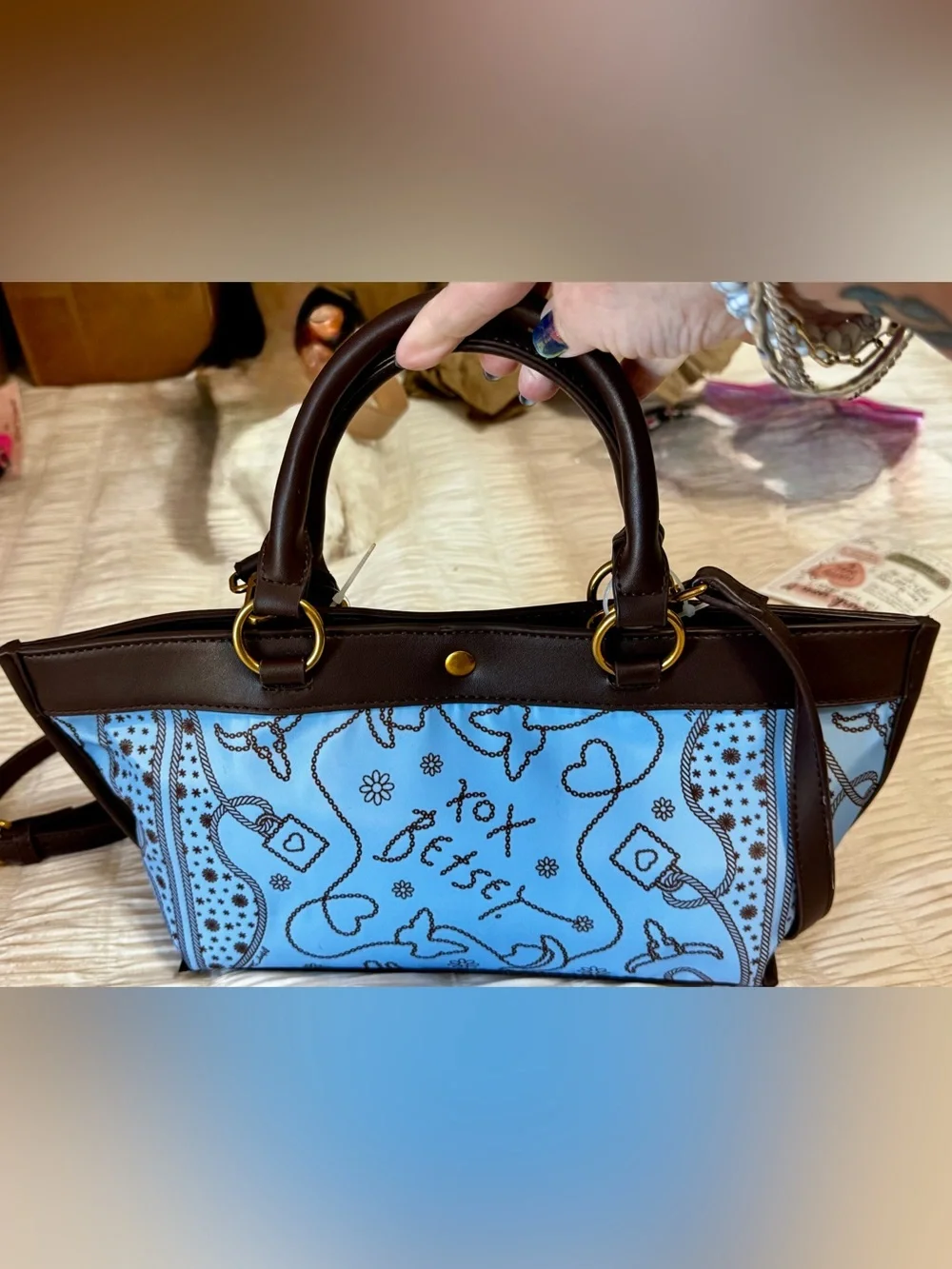 Betsey Johnson Light Blue Western Signature Print Handbag with Brown Trim